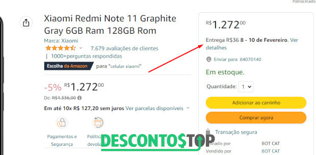 Captura de tela do site Amazon, na página de um produto. Dando destaque à data de entrega.