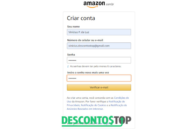 Captura de tela do site Amazon, na tela de criação de conta.