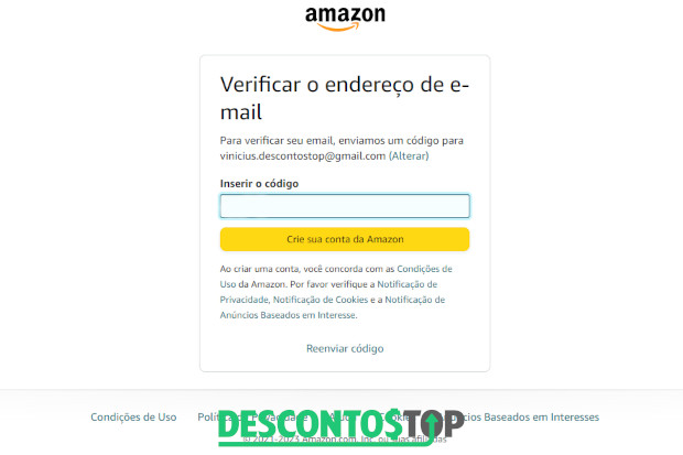 Captura de tela do site Amazon, na tela de confirmação de e-mail.