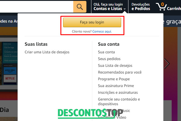 Captura de tela do site Amazon, na página de um produto. Dando destaque à aba de login, com opção de criar uma conta na Amazon.