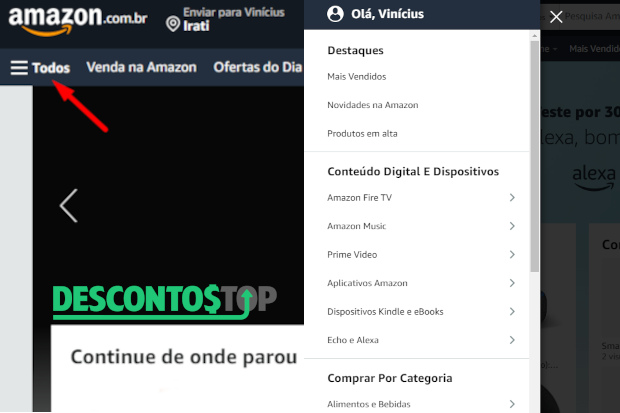 Captura de tela da página inicial do site Amazon, mostrando o menu de categorias no canto superior esquerdo.