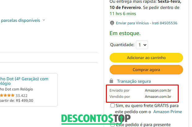 Captura de tela do site Amazon, na página de um produto. Dando destaque aos local onde aparece o nome do vendedor.