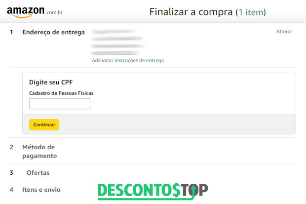 Captura de tela do site Amazon, na tela onde se deve inserir o CPF, na fase de finalização da compra.