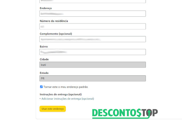 Captura de tela do site Amazon, na parte de cadastrar um endereço de entrega.