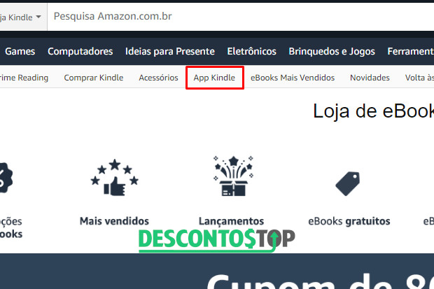 Captura de tela do site Amazon, com o indicativo da aba App Kindle