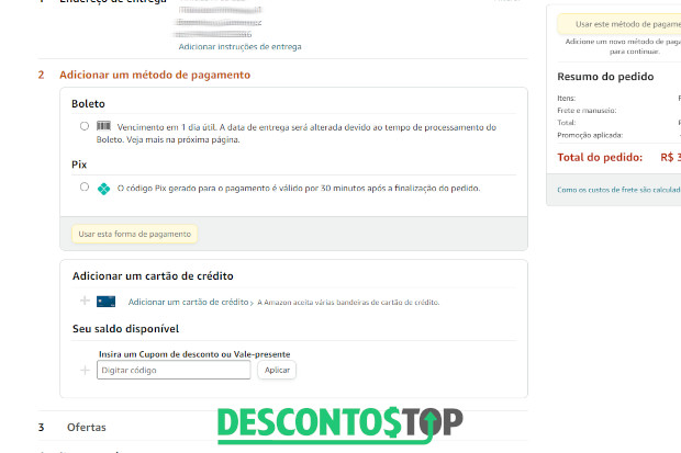 Captura de tela do site Amazon, na tela onde se escolhe uma das formas de pagamentos oferecidas pelo site.