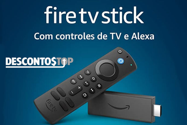 Uma imagem demonstrativa do Fire TV Stick, onde mostra-se o controle remoto e o corpo do dispositivo, que se parece com um pendrive.