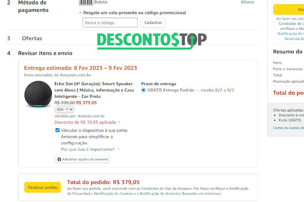 Captura de tela do site Amazon, na tela onde se revisa todo o pedido antes de apertar no botão de finalizar compra.