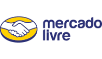 Logo Mercado Livre onde aparecem sobre o fundo amarelo duas mãos dadas e a escrita é em azul