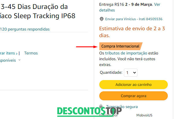 Captura de tela do site Amazon, na página de um produto. Dando destaque aos local onde aparece o aviso de 