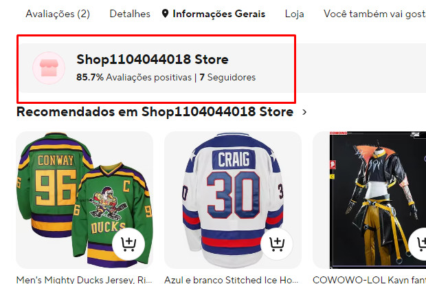 Captura de tela do site AliExpress mostrando os dados de avaliação do vendedor