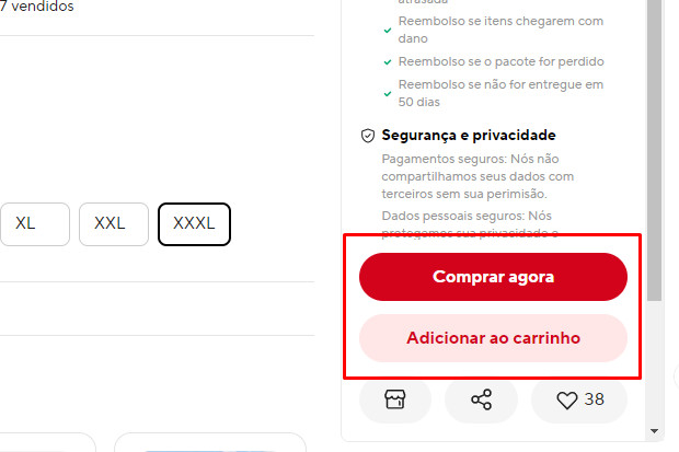 Captura de tela do site AliExpress mostrando os botões para confirmar a compra e ir para os dados de pagamento e envio