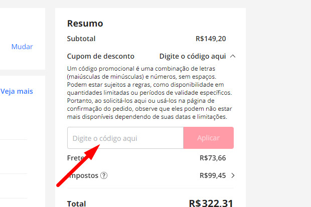 Captura de tela do site AliExpress mostrando onde incluir seu cupom