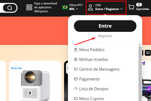 Captura de tela do site AliExpress mostrando como criar uma conta