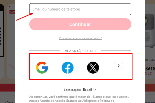 Captura de tela do site AliExpress mostrando como criar uma conta