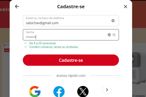 Captura de tela do site AliExpress mostrando como criar uma conta