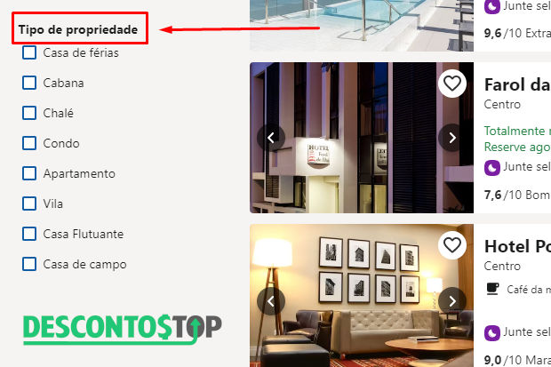 Captura de tela do site Hoteis.com, mostrando a aba de filtros