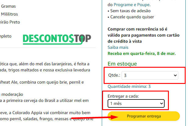 Captura de tela do site Amazon, mostrando onde preencher a quantidade e a frequência da compra recorrente.