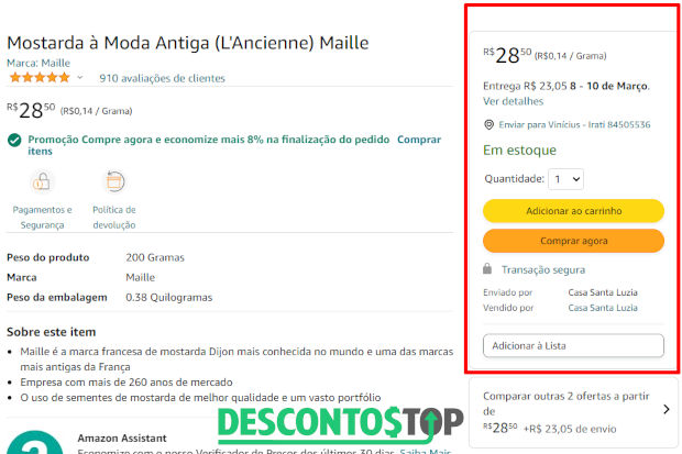 Captura de tela de um produto na loja da Amazon, mostrando a ausência da aba 