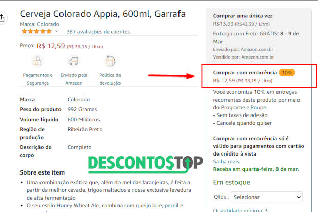 Captura de tela, na página de um produto no site Amazon. A imagem destaca a opção 