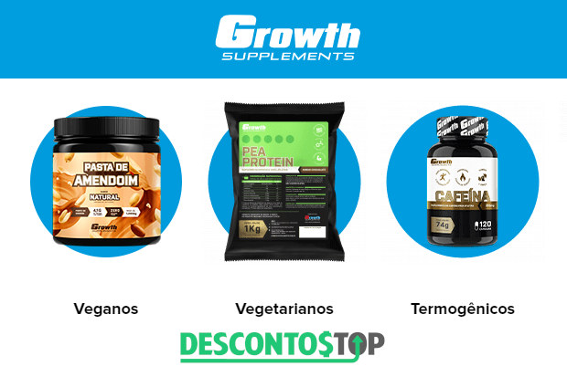 Captura de tela do site Growth, com algumas categorias em destaque, e adicionado o logo em uma faixa azul, como do cabeçalho