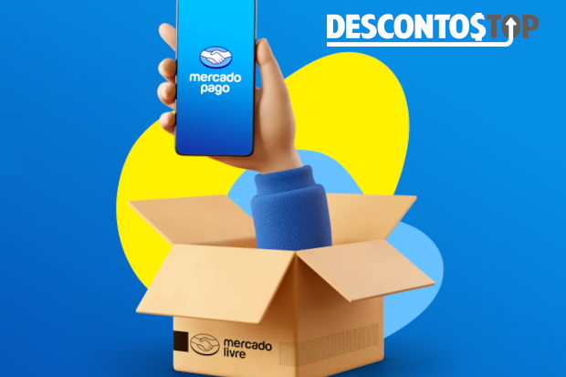 Captura de tela do site mercado pago. Na imagem temos um braço saindo de uma caixa do Mercado Livre, segurando um celular com a logo do Mercado Pago.