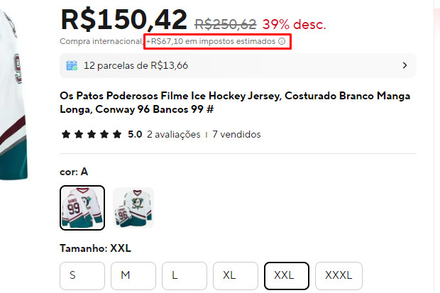 Captura de tela do site AliExpress mostrando onde encontrar a estimativa de impostos na página do produto