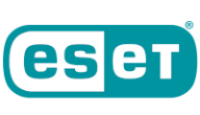 Logo da ESET onde a palavra está dentro de uma forma que lembra um cartucho de remédio que metade é branco e metade azul