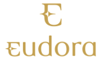 Logo da Eudora na cor dourada com um E maiúsculo acima da palavra Eudora