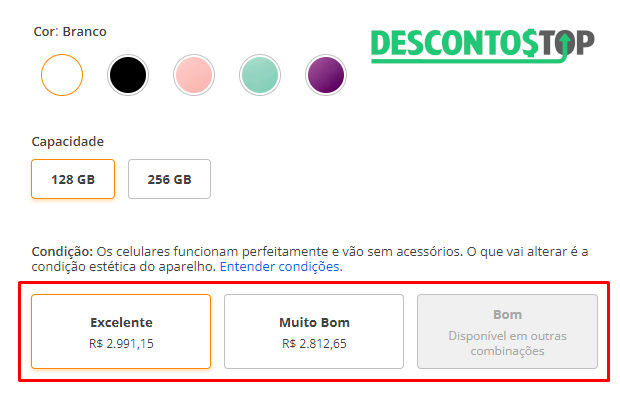 Captura de tela do site Trocafone, na página de um produto mostrando onde fica visível as qualidades disponíveis do produto em questão. 