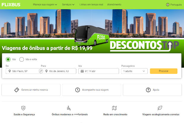 Captura da tela da home do site da FlixBus