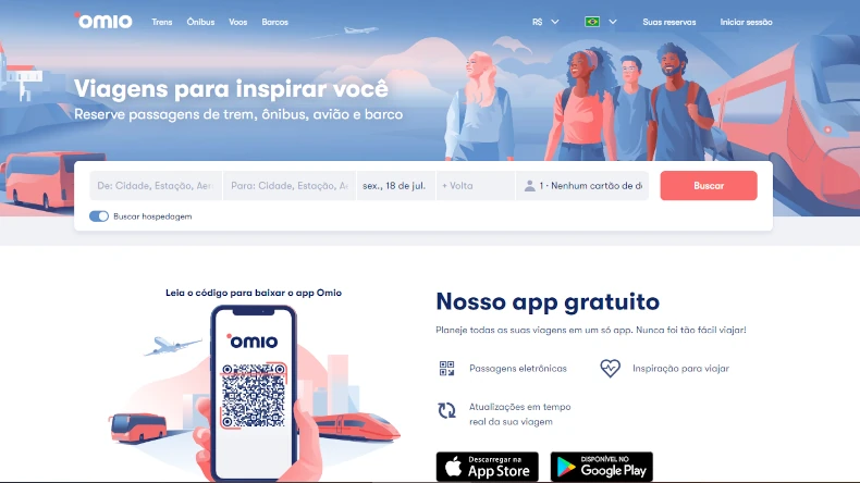 Homepage da Omio, com ilustração de viajantes em frente a trens, ônibus e aviões. A interface permite buscar passagens para diversos meios de transporte. Embaixo, um QR code promove o app, com destaque para passagens eletrônicas e atualizações em tempo real.