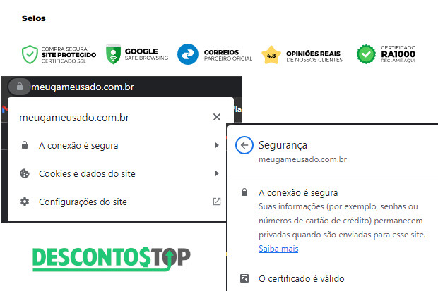 Amostra do certificado SSL no sinte Meu Game Usado.