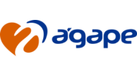 logo ágape moda, com a escrita em azul e a imagem de um coração em azul e laranja na esquerda