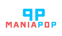 logo mania pop, com um p para esquerda e um para direita ambos em azul, embaixo escrito mania pop com os dois p em azul