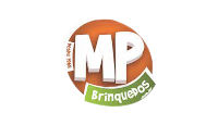 logo mp brinquedos, mp ao centro com brinquedos embaixo, ambos escritos em branco sobre um fundo laranja