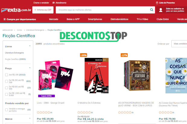 Captura de tela do site Extra, na seção dedicada para livros.