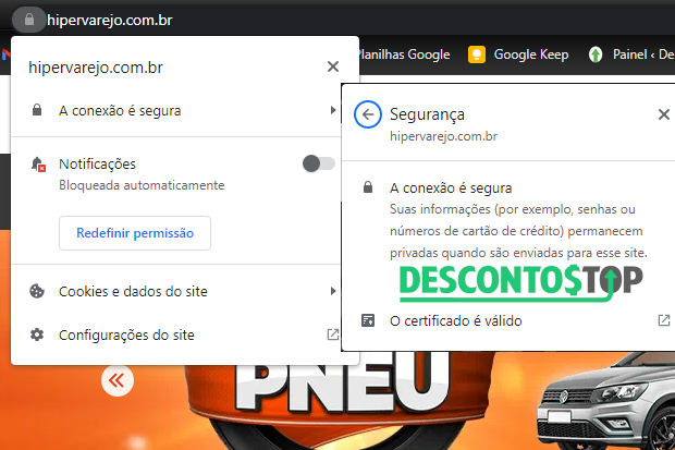 Captura de tela do site Hipervarejo, com a demonstração do certificado SSL