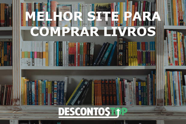 Texto: melhor site para comprar livros. Ao fundo uma imagem de estante repleta de livros.