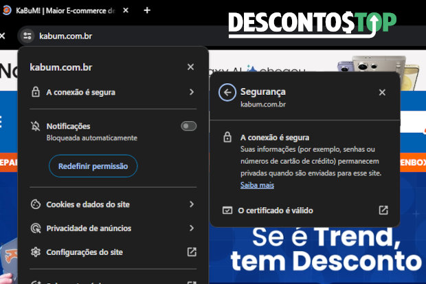 Captura de tela do site KaBuM!, demonstrando o certificado SSL.