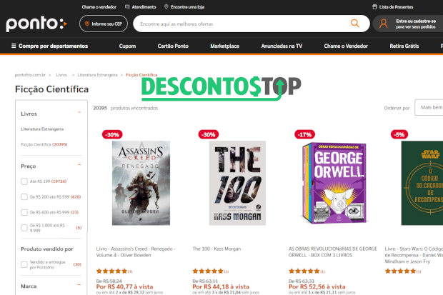 Captura de tela do site Ponto Frio, na seção dedicada para livros.