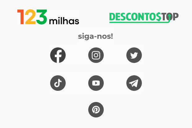 Imagem com o logo da 123 Milhas e das redes sociais em que é possível encontrar um perfil oficial do site.