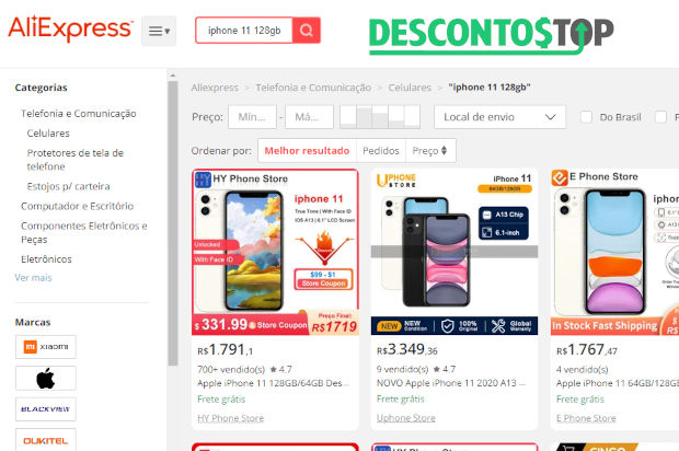 Captura de tela do site Alliexpress, nela podemos ver diversos iPhones