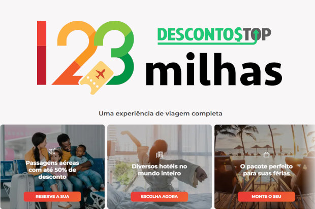 imagem com o logo da 123 milhas e algumas vantagens do site, mostradas mais a baixo