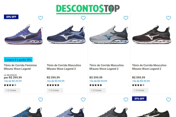 Captura de tela do site Mizuno, mostrando uma página de calçados