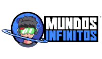 Logo loja Mundo Infinitos nas cores azul, preta, branca.