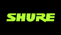 Logo Shure com letras na cor verde em fundo de cor preta.