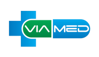 Logo Viamed nas cores azul e verde.