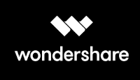 Logo Wondershare na cor branca sobre um fundo de cor preta.