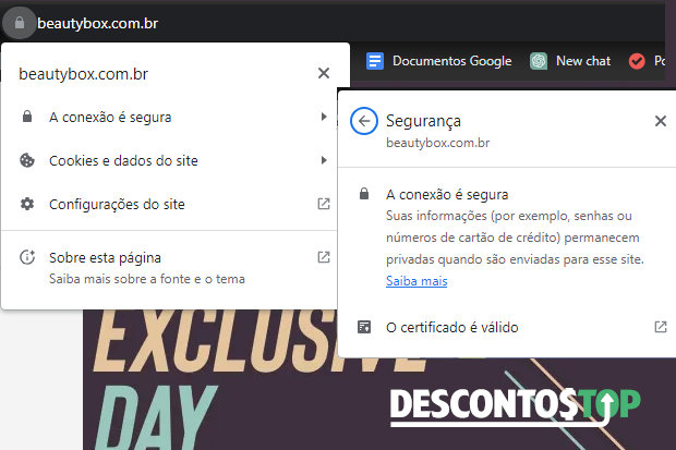 Captura de tela do site Beauty Box, motrando as informações obtidas ao clicar no cadeado ao lado do nome do site.